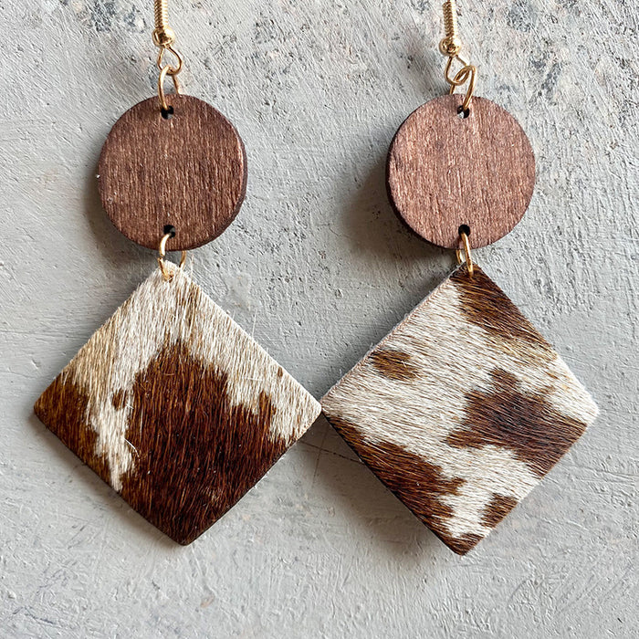 Wooden square leopard print earrings