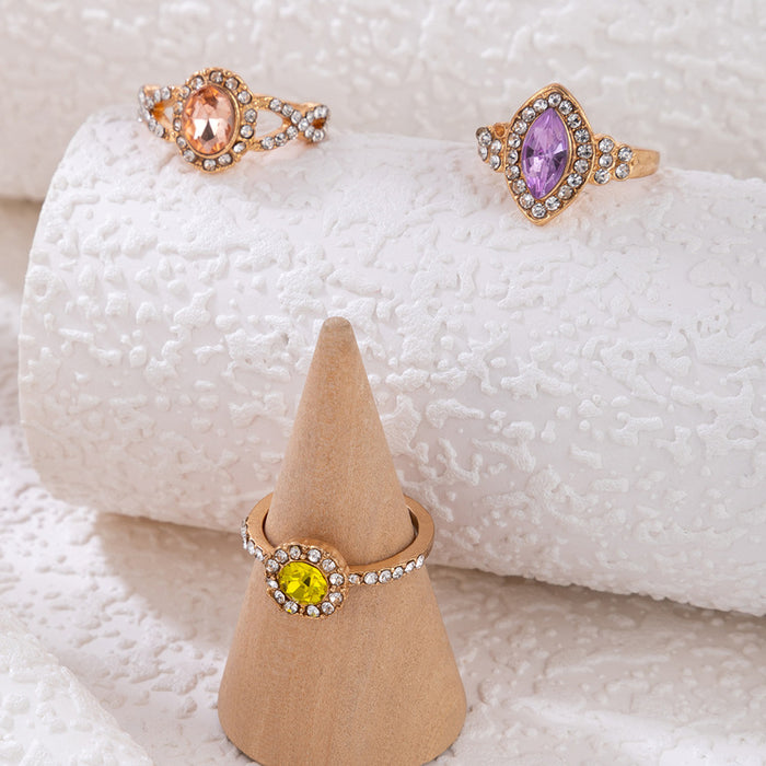 Colorful diamond ring three-piece set geometric full diamond light luxury combination