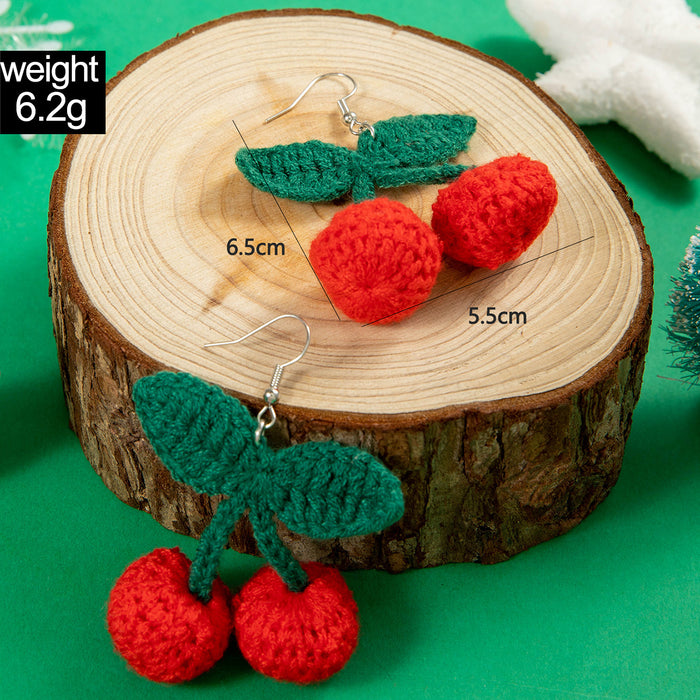 Yarn knitted red cherry earrings sweet simulated fruit earrings