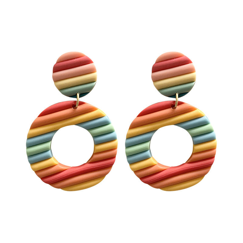 Handmade Rainbow Stripe Clay Earrings - Multicolor Geometric Hoop Design