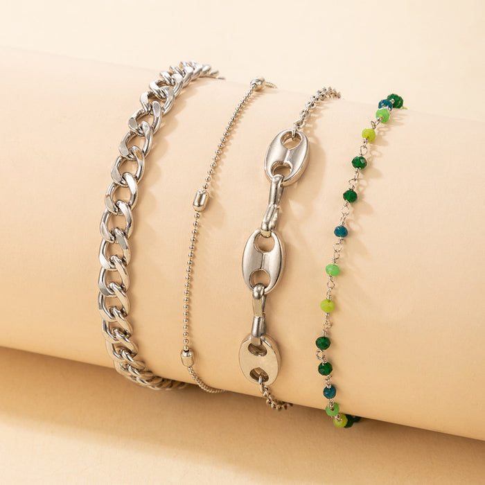 Seed Bead Metal Chain Anklet Four-Piece Set with Fashion Multi-Layer Chain