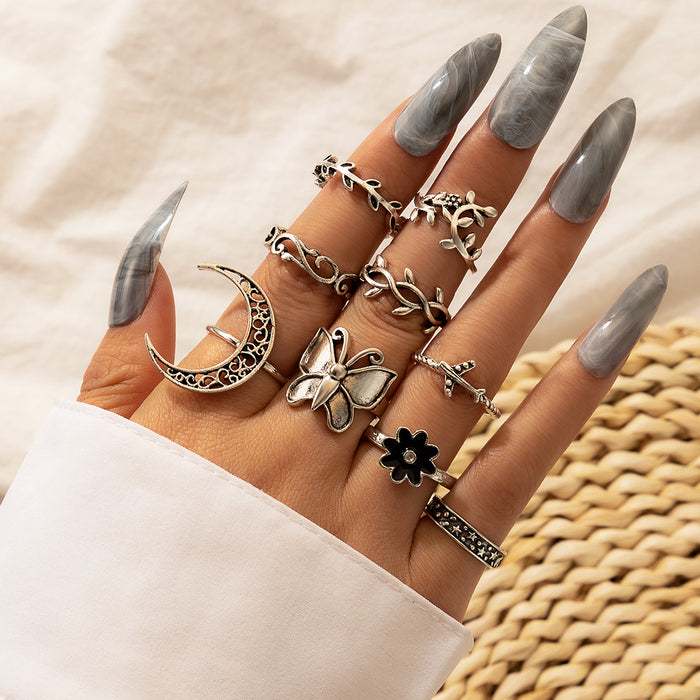 Retro airplane flower leaf moon butterfly ring 9-piece set