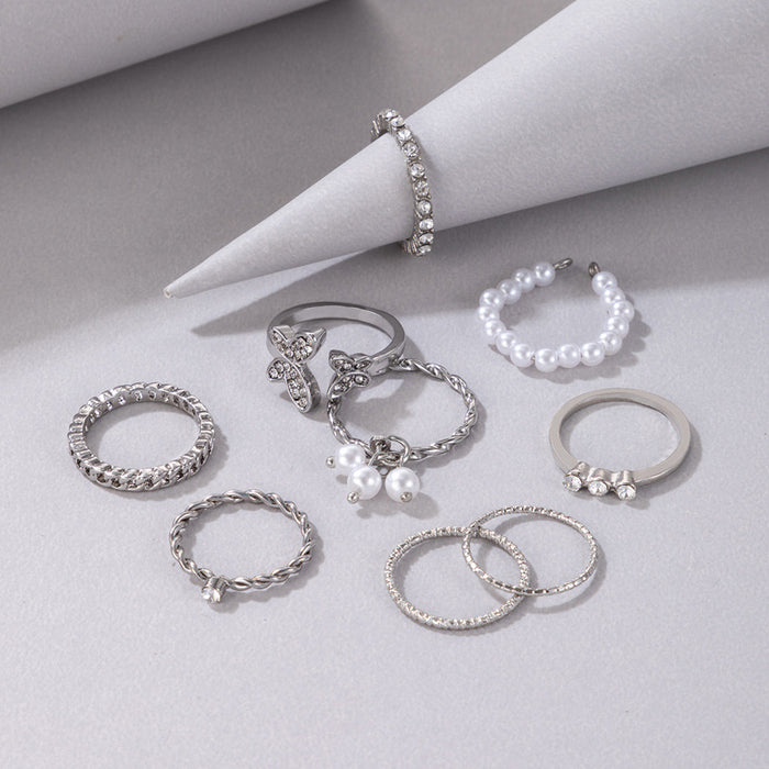 Butterfly Ring Set - 9-Piece Simple Pearl Rings for Women