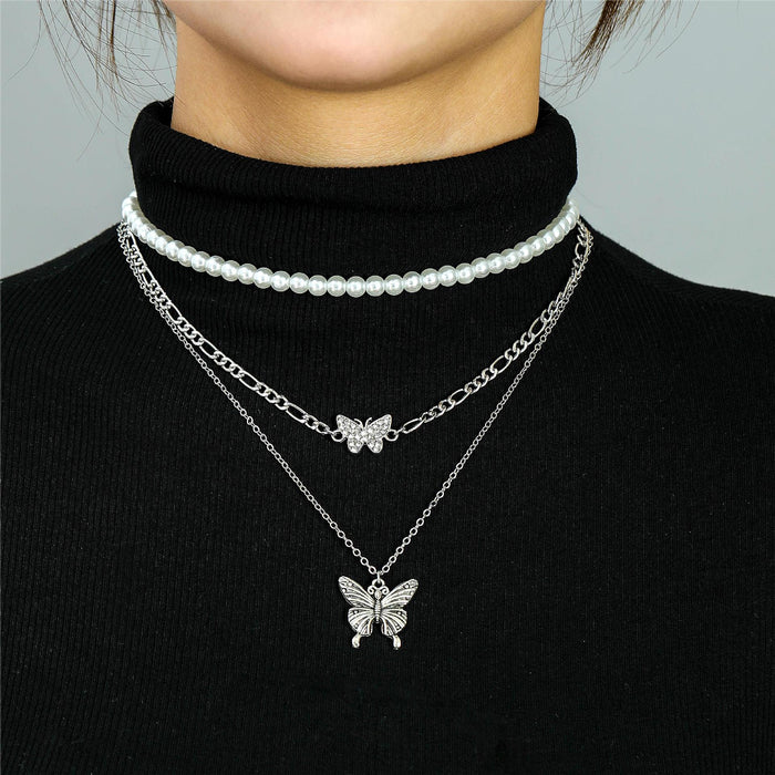 Collar con colgante de mariposa de tres capas y perlas: elegante joyería de estilo coreano para mujer