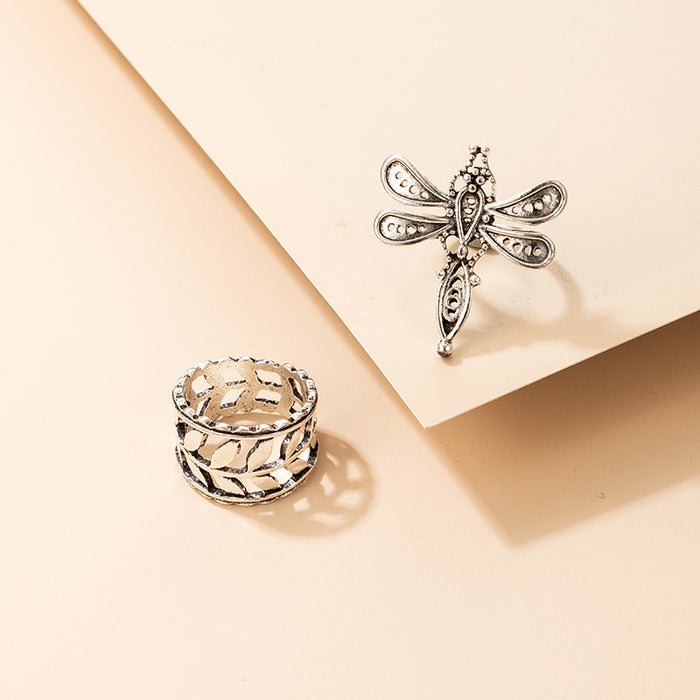 Simple geometric hollow antique silver leaf dragonfly ring 2-piece set