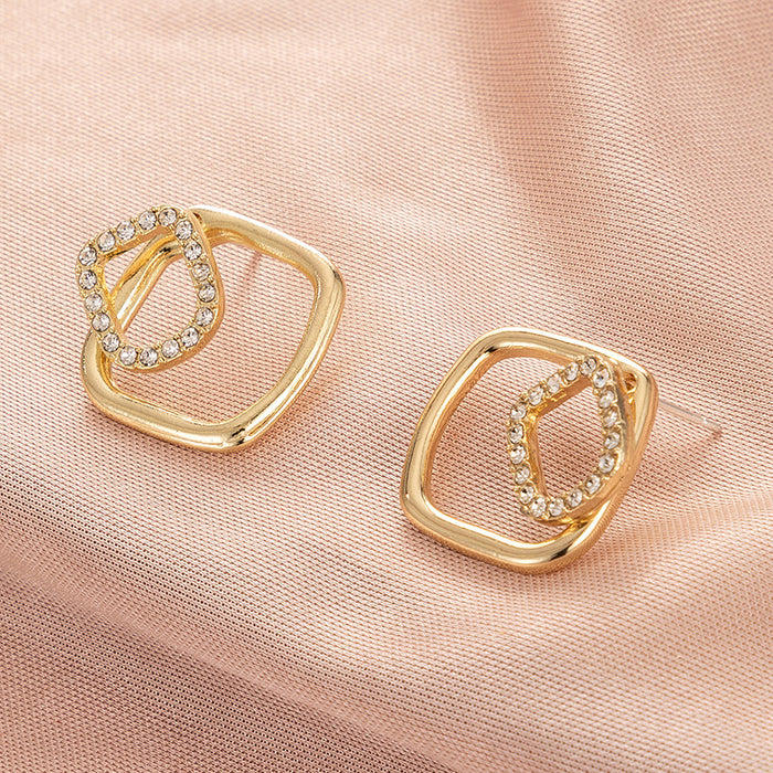 Square geometric diamond-studded earrings with simple and elegant temperament