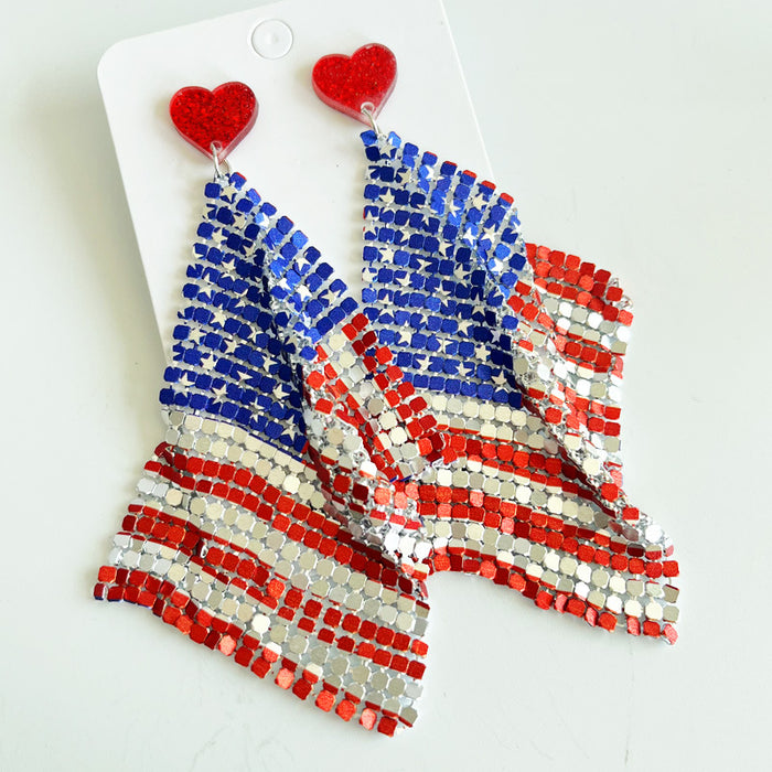 Independence Day Feather Leather Earrings with American Flag and Metal Mesh Design