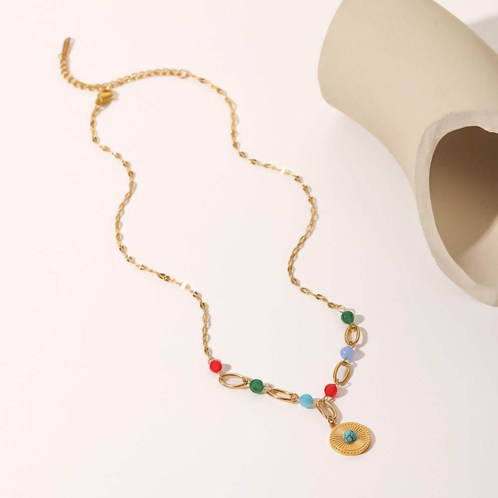 18K Gold-Plated Stainless Steel Necklace with Turquoise Pendant - Stylish Titanium Steel Jewelry with Colorful Beads