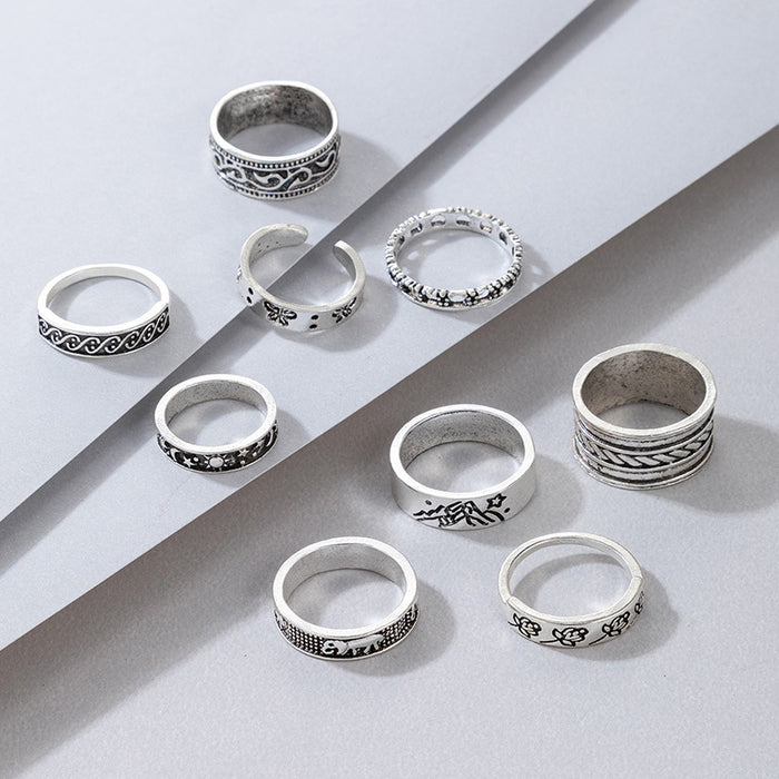 Vintage style flower plain ring nine-piece set