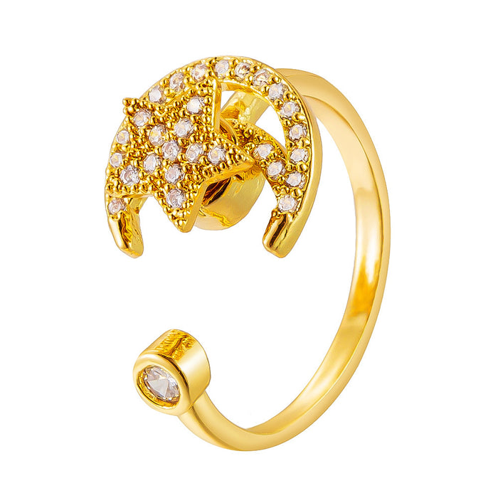 Wholesale copper micro-painted zircon star and moon rotating open ring