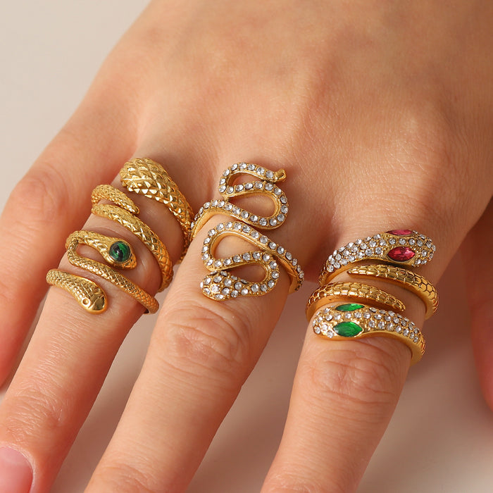 Exaggerated Snake-Shaped Ring with Zircon Inlay - Trendy and Tarnish-Resistant