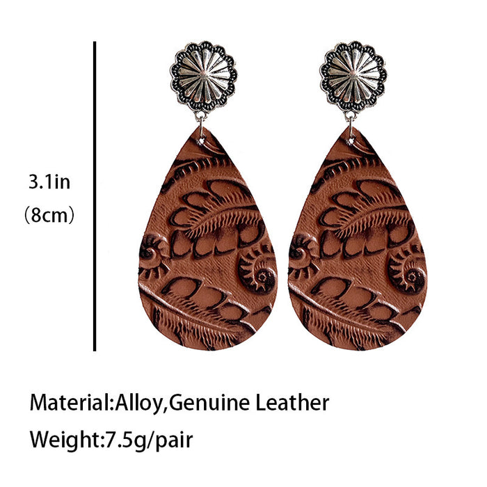 Embossed Leather Earrings with Bohemian Floral Pumpkin Flower Design