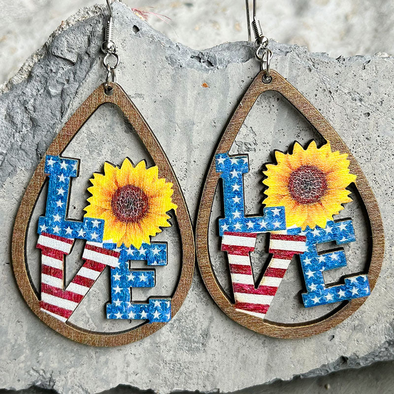 Wooden flower patriotic earrings