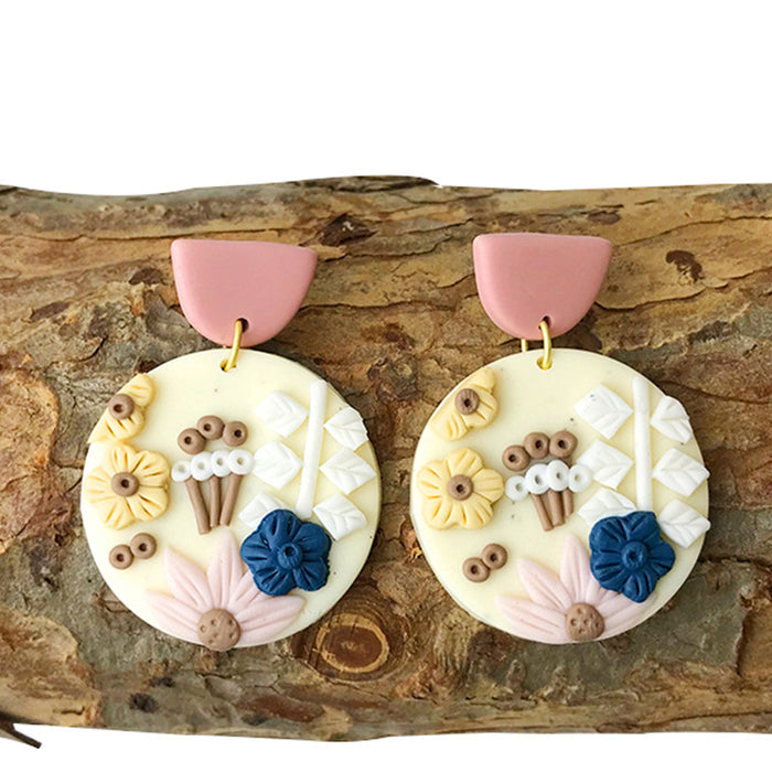 Elegant Geometric Floral Clay Earrings - Handcrafted with Delicate Detailing