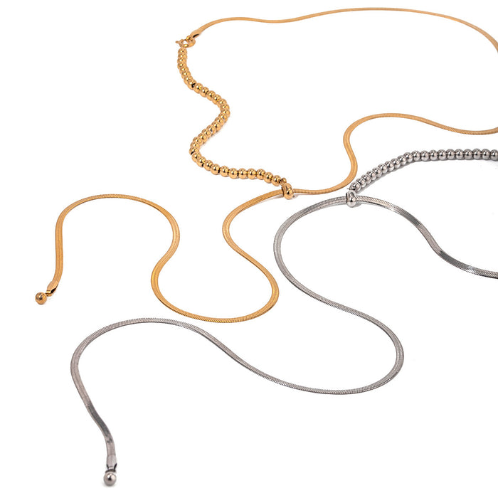 Minimalist 18K Gold-Plated Stainless Steel Snake Bone Y-Chain Necklace with Sliding Bead Clasp - Silver Tone