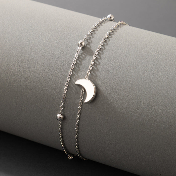 Silver Moon Double Layer Anklet with Geometric Crescent Bead Multi-Layer Chain