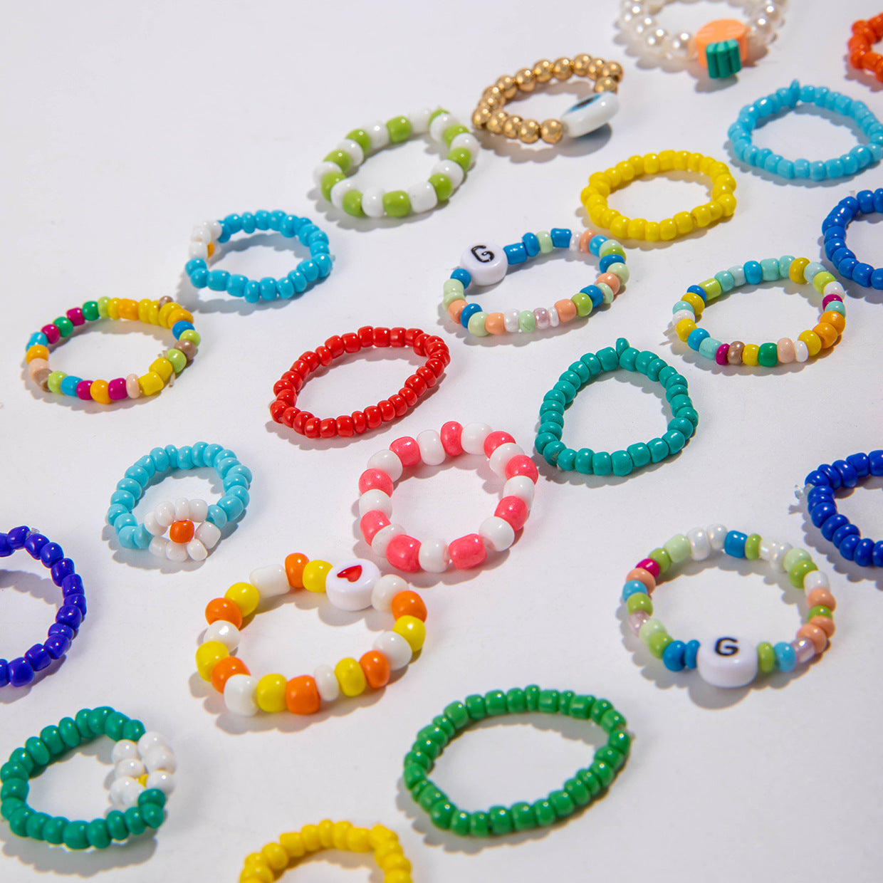 Colorful Beaded Flower Rings - 10pcs Set