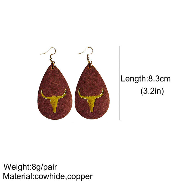 Modern Teardrop Crazy Horse Leather Earrings with Gold Bullhead Design