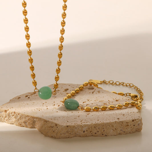 Pulsera de acero inoxidable bañada en oro de 18 quilates con incrustaciones de piedra verde - Joyería de moda para mujer