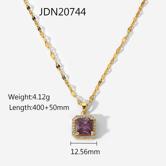 Necklaces Stainless Steel Zircon Bound Purple Square - wallojewerly 