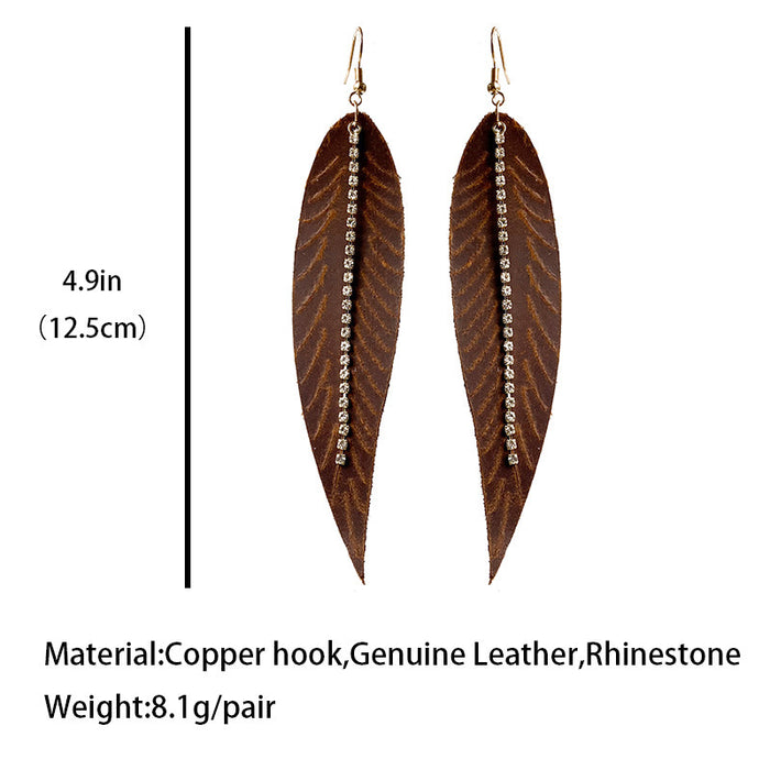 Crazy Horse Leather Earrings with Zircon Leaf and Western Feather Design