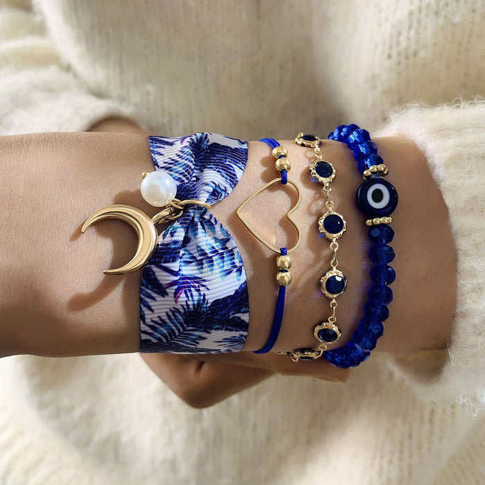 Juego de pulseras de diamantes de imitación con diseño de ojo malvado bohemio: colgante étnico de media luna, joyería de tela