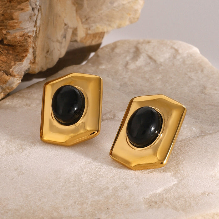 Stainless steel black agate geometric earrings, retro classic light luxury high-end earrings