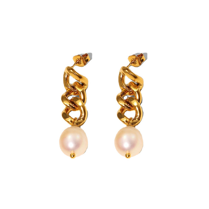 New 18K Gold Plated Baroque Pearl Drop Earrings - Geometric Cuban Link Freshwater Pearl Jewelry