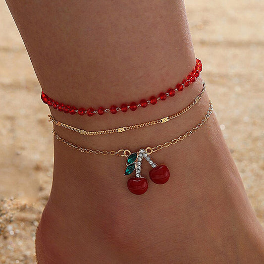 Cherry Red Beaded Triple Anklet Set - Fashionable Fruit-Inspired Ankle Bracelets