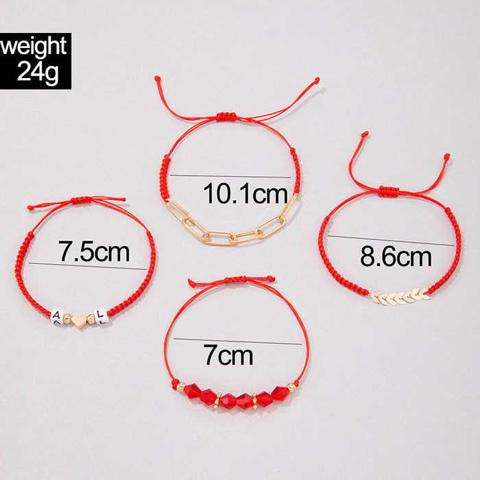 Heart Leaf Bracelet Set - Red String Four-Piece Women’s Jewelry