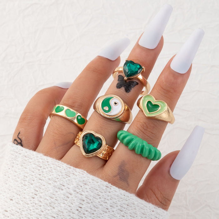 Oil drip green heart palm ring set