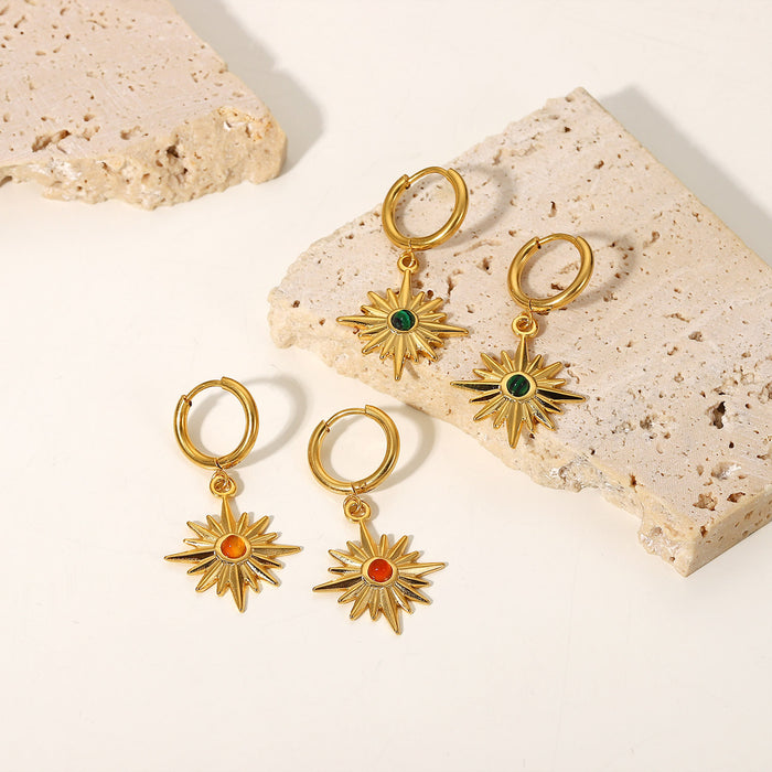 Pendientes de acero inoxidable chapados en oro de 18 quilates de estilo europeo: pendientes con colgante de estrella de ocho puntas con piedra natural para mujer