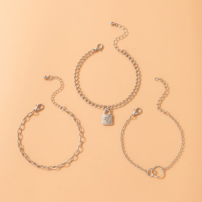 Heart Lock Three-Layer Bracelet Set with Geometric Ring Design