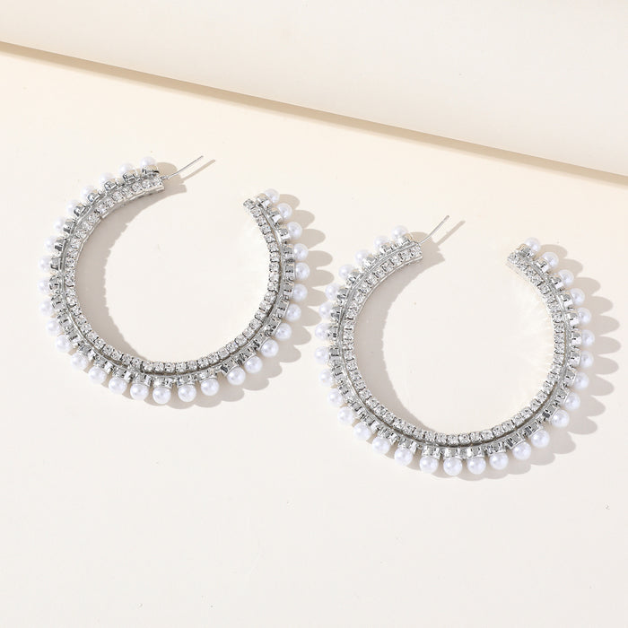 Pearl Accent Hoop Earrings - Trendy Rhinestone Jewelry for a Sophisticated Look