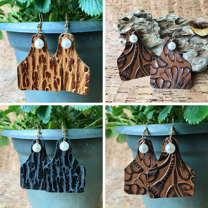 Vintage Floral Print Cowhide Earrings with Bottle Pendant and Faux Pearl