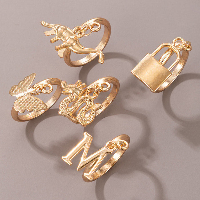 Dinosaur letter lock butterfly alloy 5-piece ring set for women