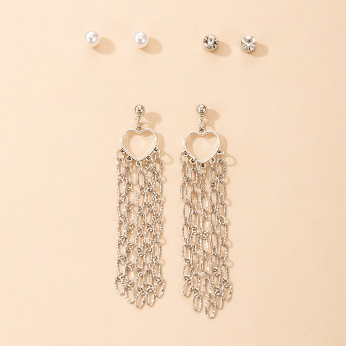 Geometric tassel earrings three-piece metal diamond stud earrings combination set