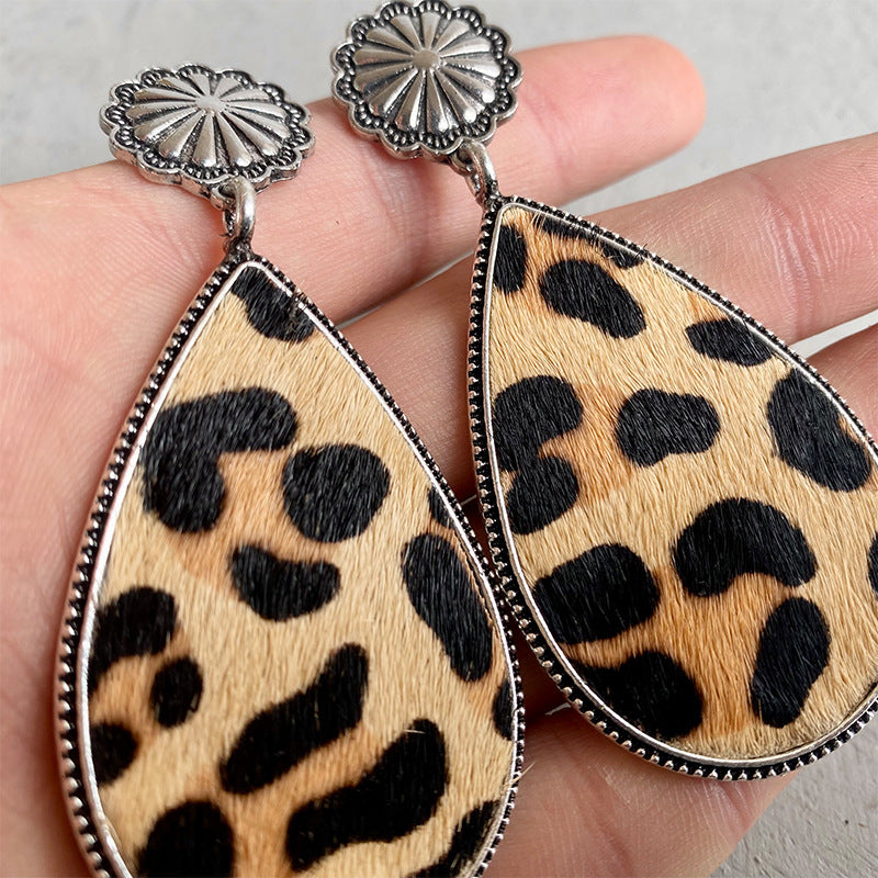 Western Animal Print Leather Earrings with Bohemian Style and Pumpkin Flower Design - wallojewerly 