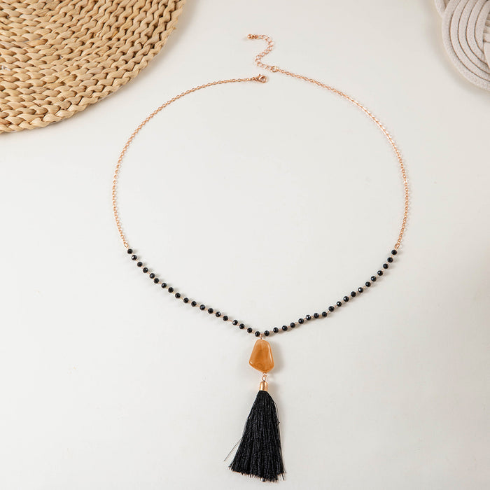 Geometric Beaded Long Necklace with Tassel Pendant