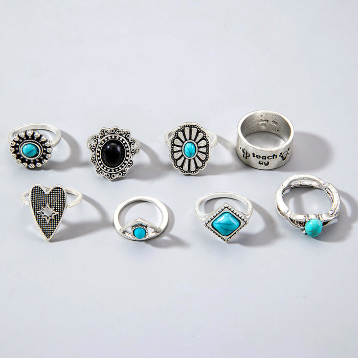 Turquoise Heart Hollow Ring Set - Vintage Eight-Piece Set with Letter Patterns