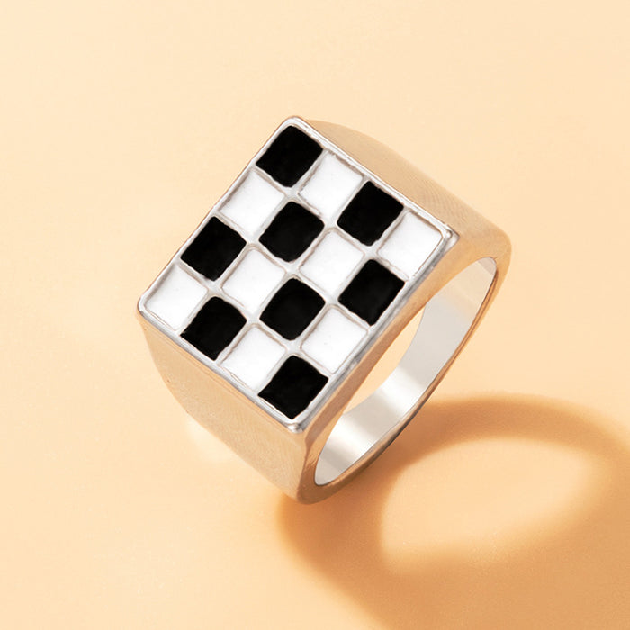 Black and white checkerboard heart geometric ring 2-piece set