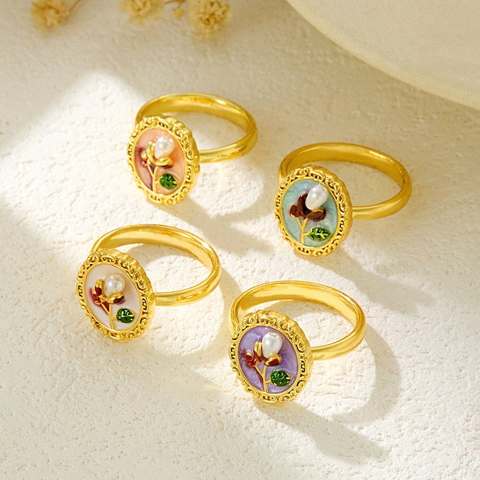 Wholesale copper micro-inlaid enamel painted drip flower open ring