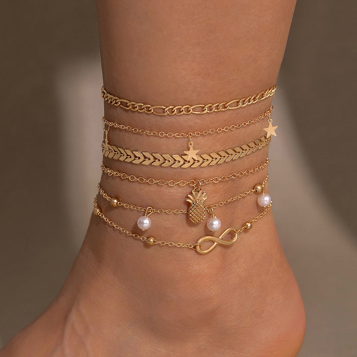 Stylish Multi-Layered Heart Anklet Set – Rhinestones for a Bohemian Touch