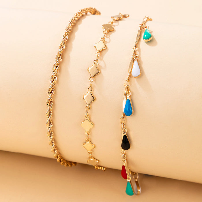 Bohemian Water Drop Anklet with Simple Chain Enamel Macaron Color Three-Piece Set