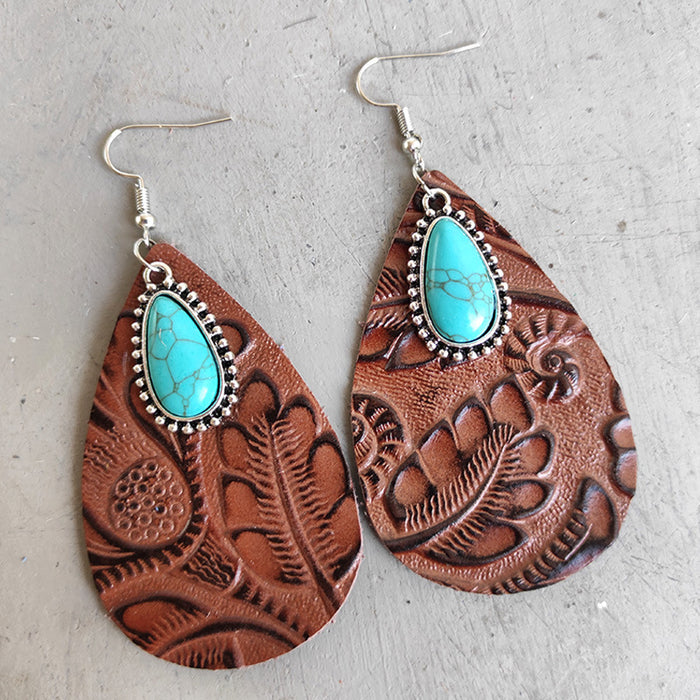 Bohemian Cowhide Leather Earrings with Bullhead and Turquoise Design