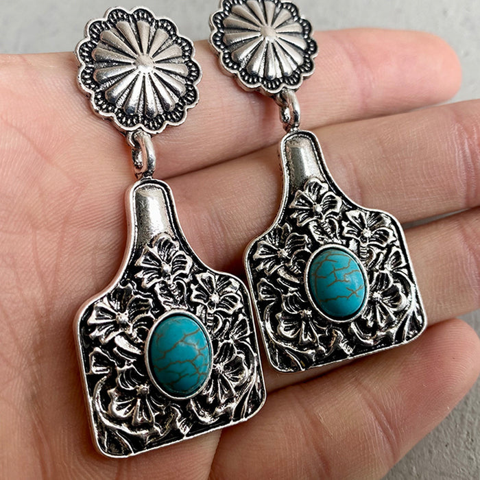 Vintage Floral Bull Tag and Pumpkin Flower Earrings with Turquoise and Alloy Design - wallojewerly 