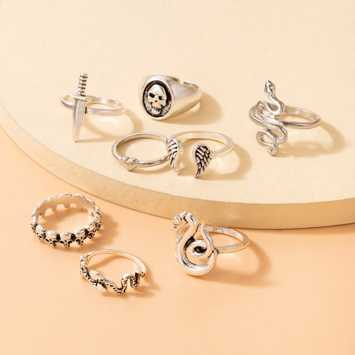 Snake Heart Vintage Skull Ring 8-Piece Set