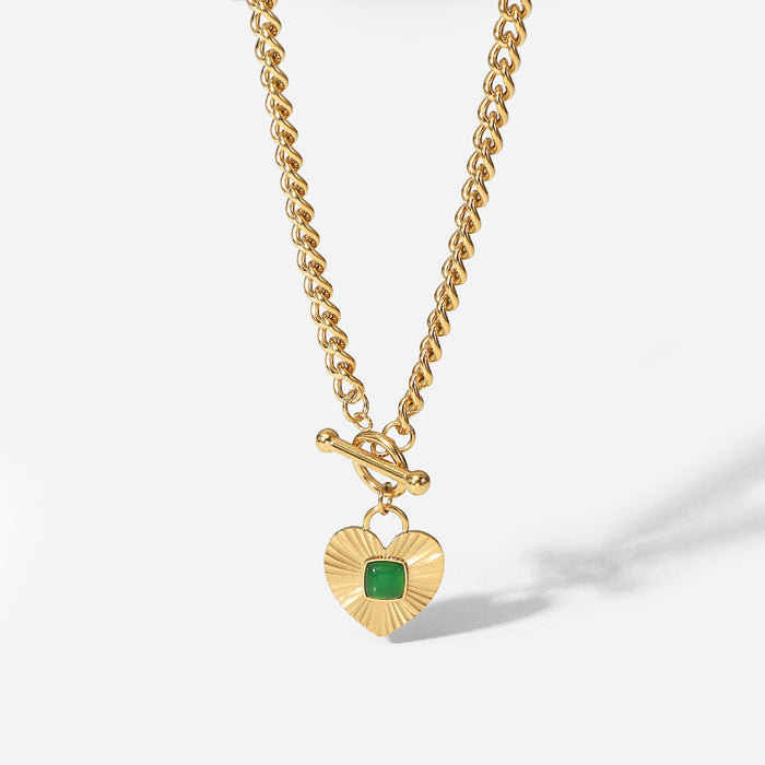 18K Gold-Plated Heart Pendant Necklace with Green Agate - Women's Fashion Jewelry