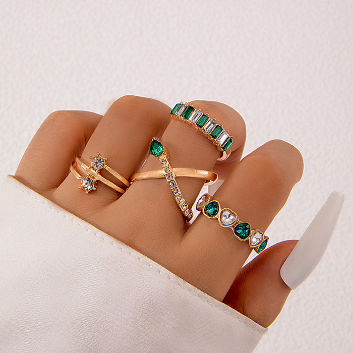 Green Gemstone Heart Ring Set - Small Geometric Five-Piece Set