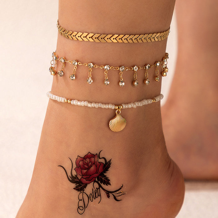 Crystal Tassel Anklet with Shell and Geometric Aircraft Charms